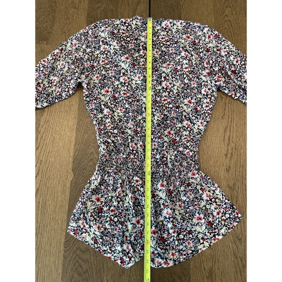 Poupette St Barth Navy Floral Romper Women’s S Frayed Hem Half Sleeve V Neck - Picture 12 of 13
